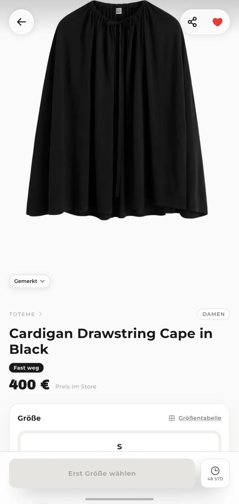 Ein gemerkter Artikel in der App: Cardigan Drawstring Cape von Toteme, 400 Euro, Preis im Store