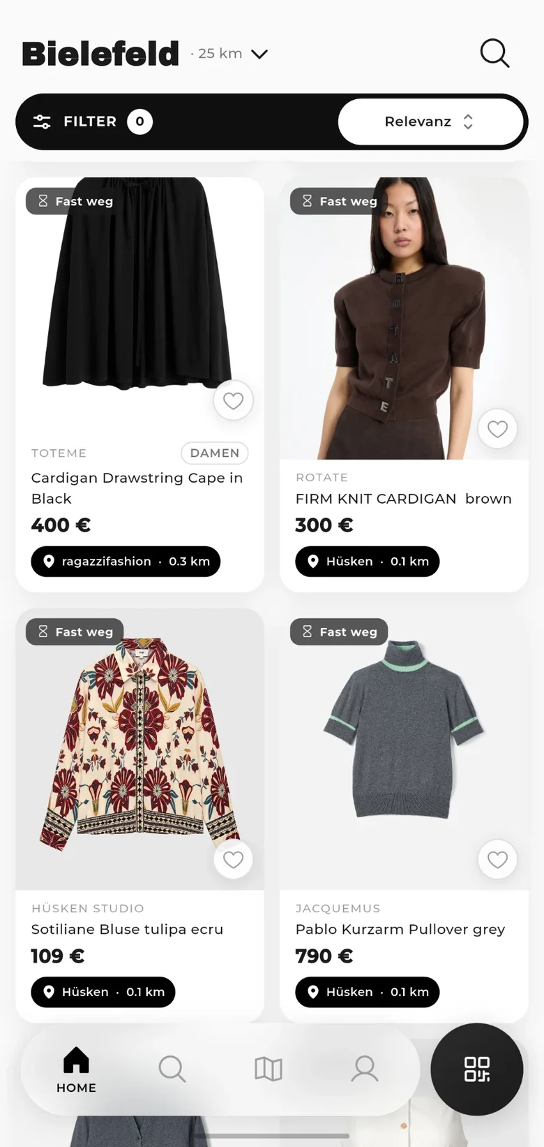 Der Feed der VEREO-App für Bielefeld: Artikel aus Stores in der Nähe mit Preis und Entfernung