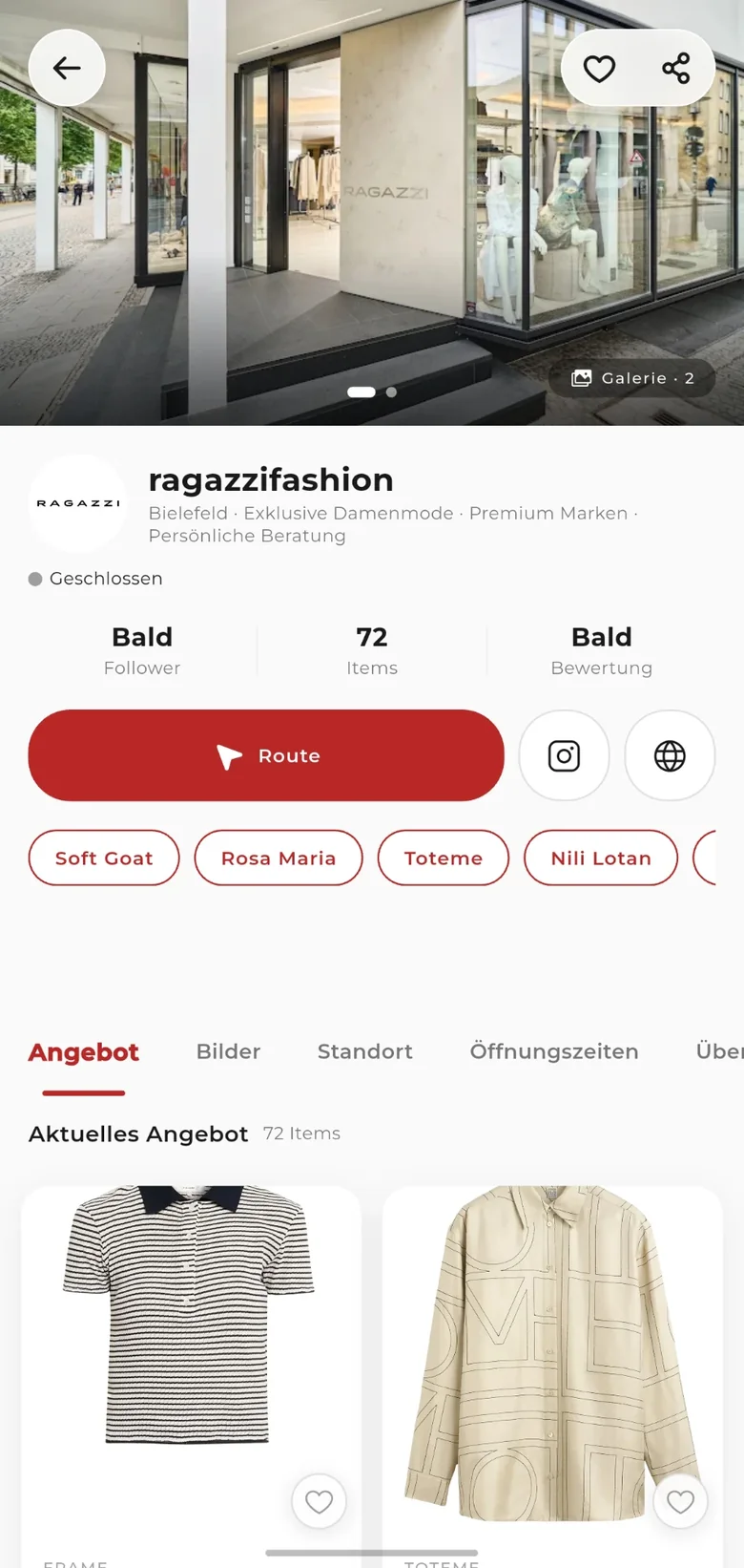 Die Store-Seite von Ragazzi in der App mit Schaufenster, Route, Marken und Angebot